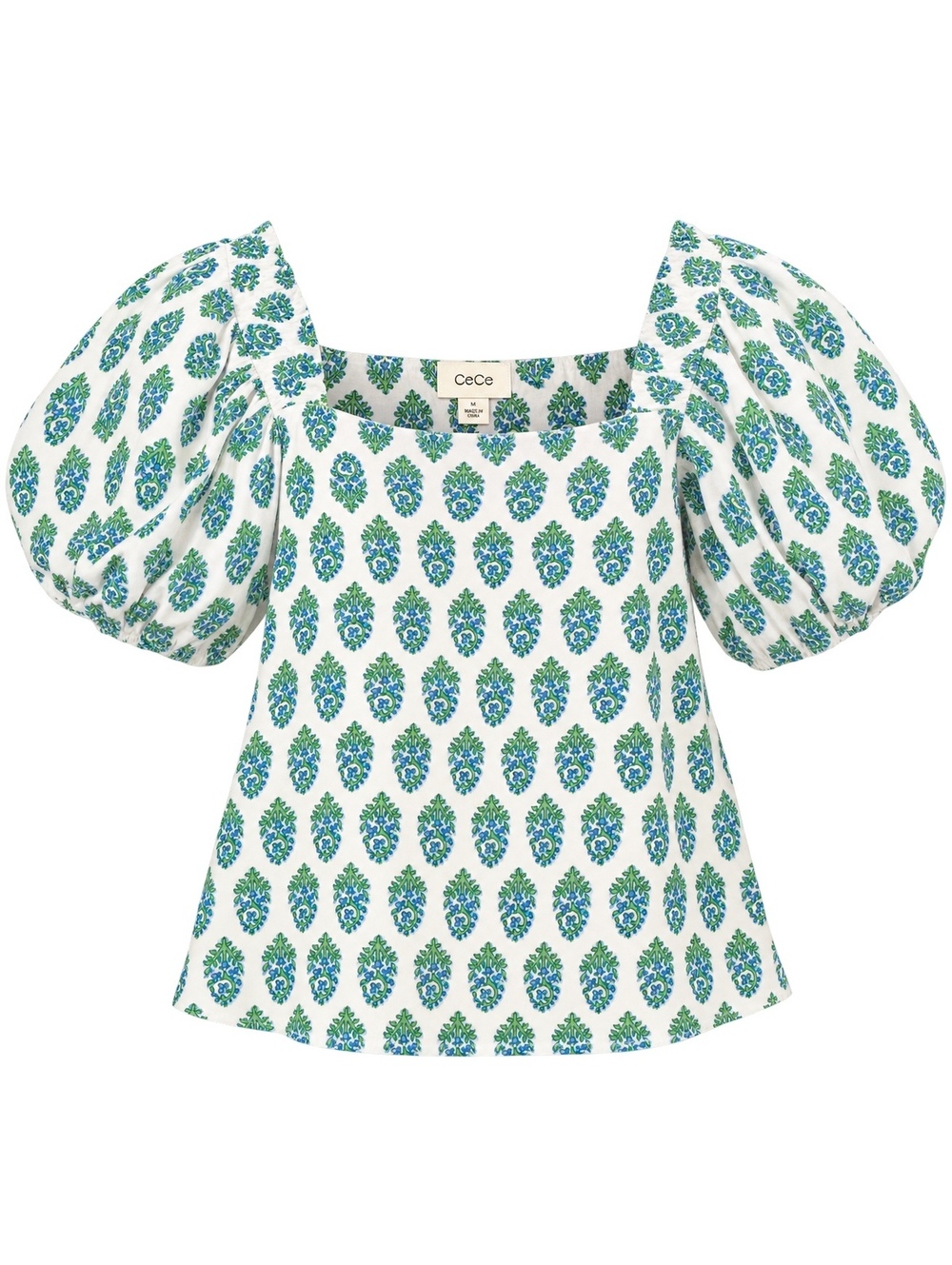 CeCe Women’s M Green Blue Floral Block Print Puff Sleeve Square Neck Blouse